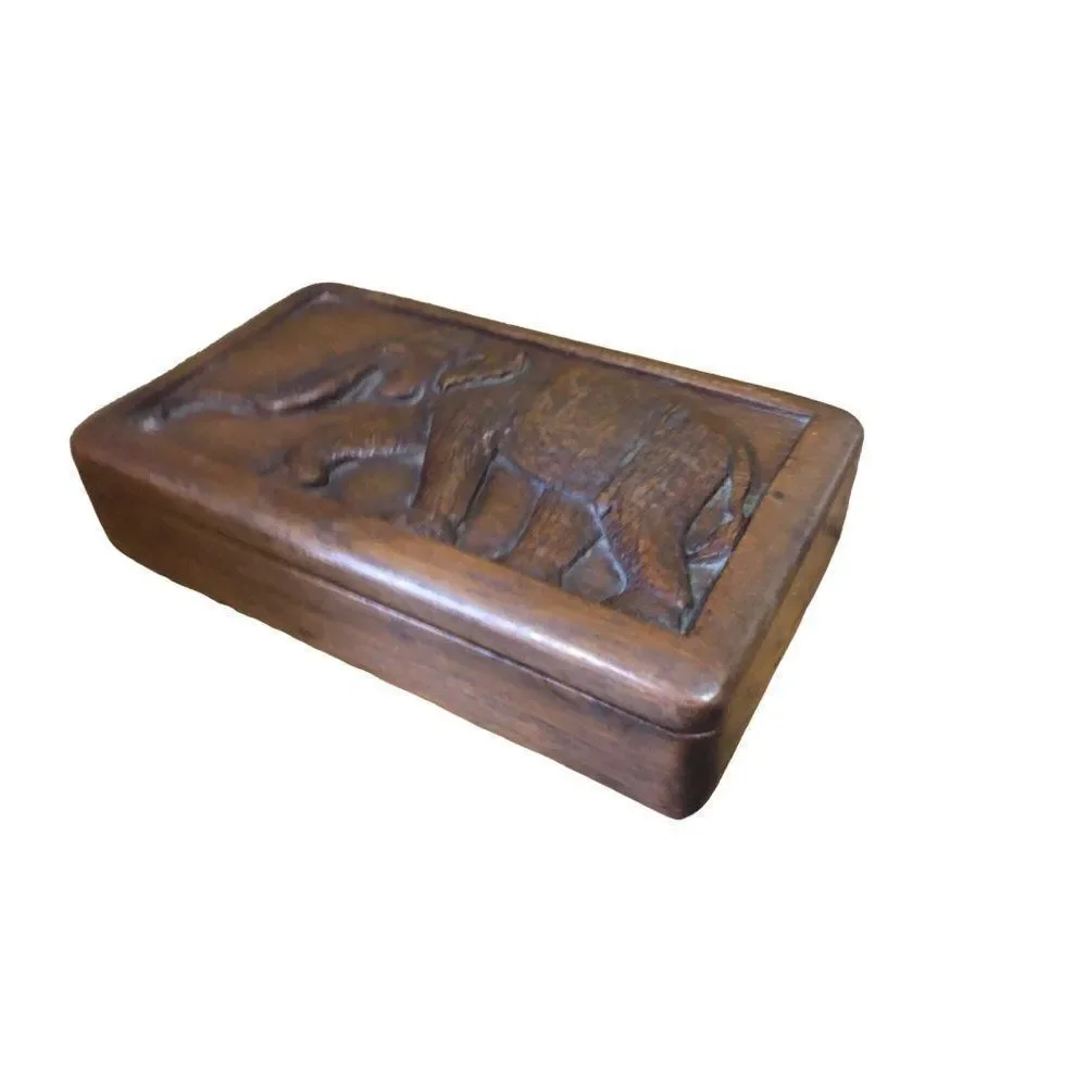 Vintage Carved Footed Wooden Treasure Chest Trinket Jewelry Box Elefant